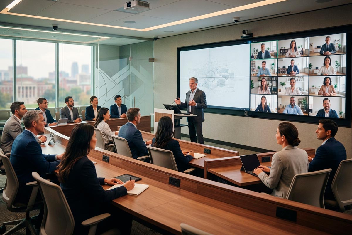 Clase MBA con participación presencial y remota en modalidad HyFlex