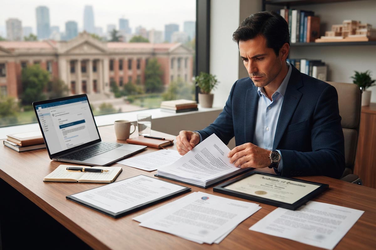Profesional revisando documentos para postular a un MBA