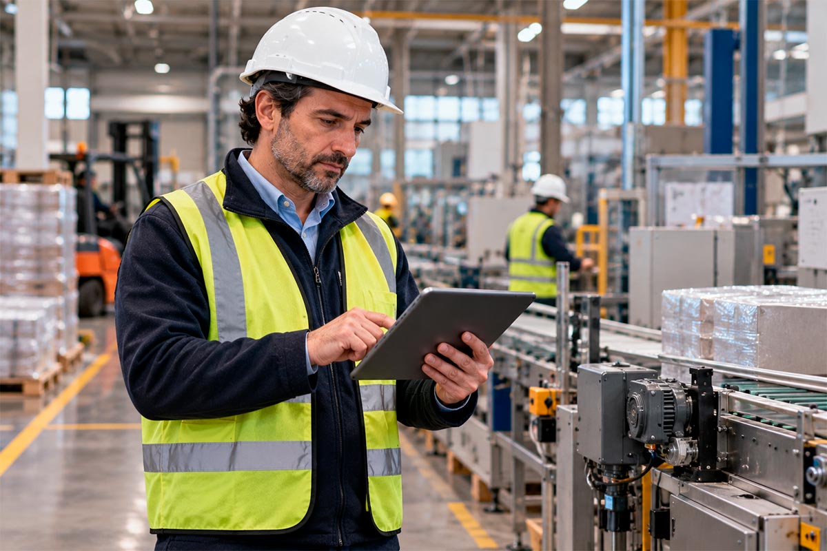 Profesional técnico analizando procesos operacionales en una instalación productiva