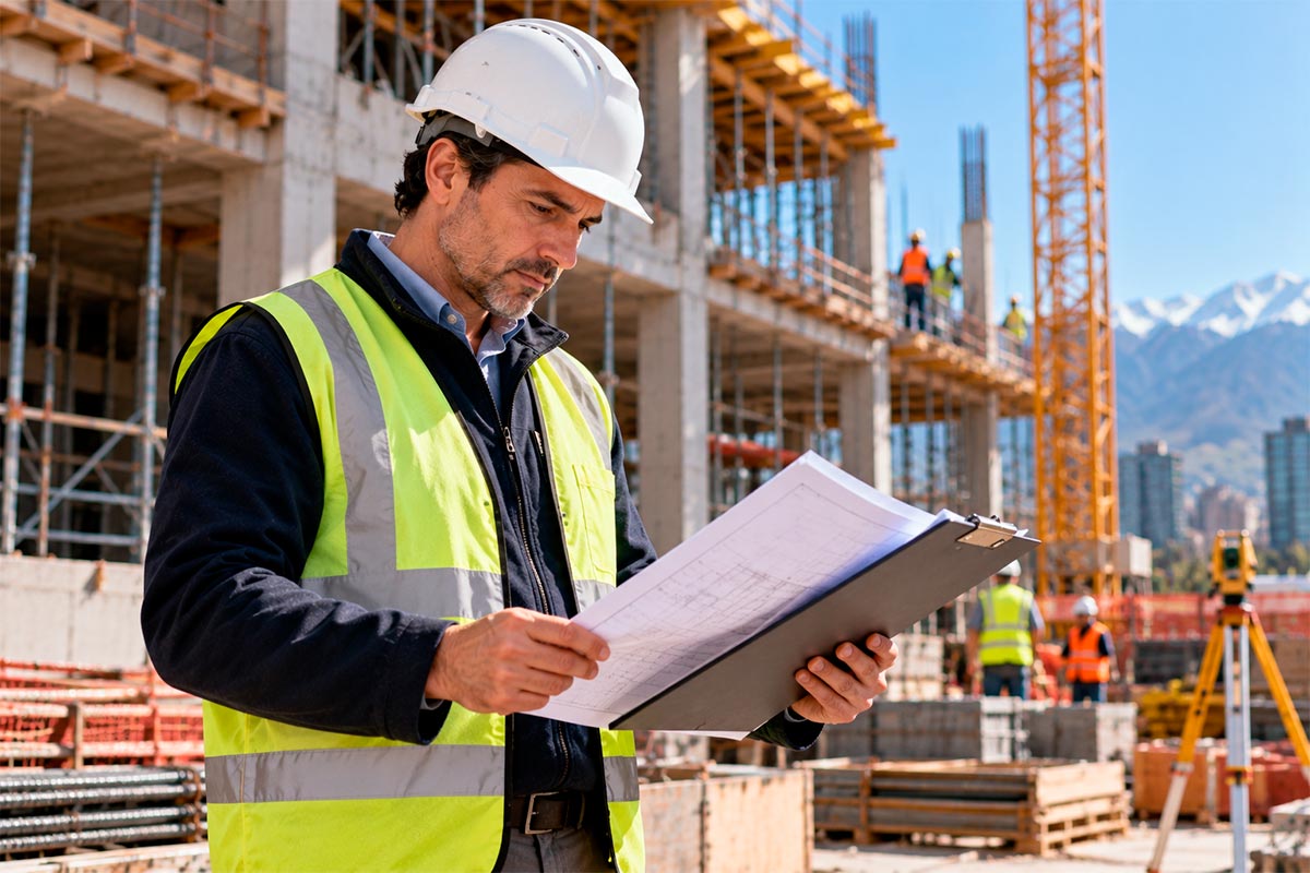 Ingeniero civil revisando planos en terreno, representando la experiencia profesional previa a estudiar un MBA.