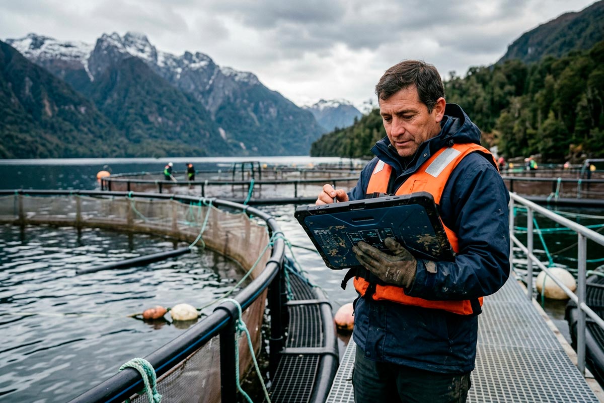 Profesional del sector acuícola revisando información operacional en una instalación de la Patagonia chilena.