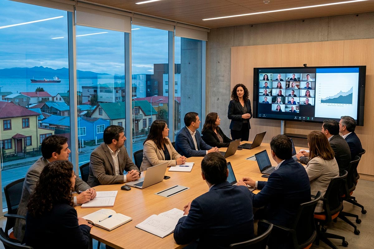 Profesionales participando en una clase del MBA en Punta Arenas con conexión remota a otros estudiantes.