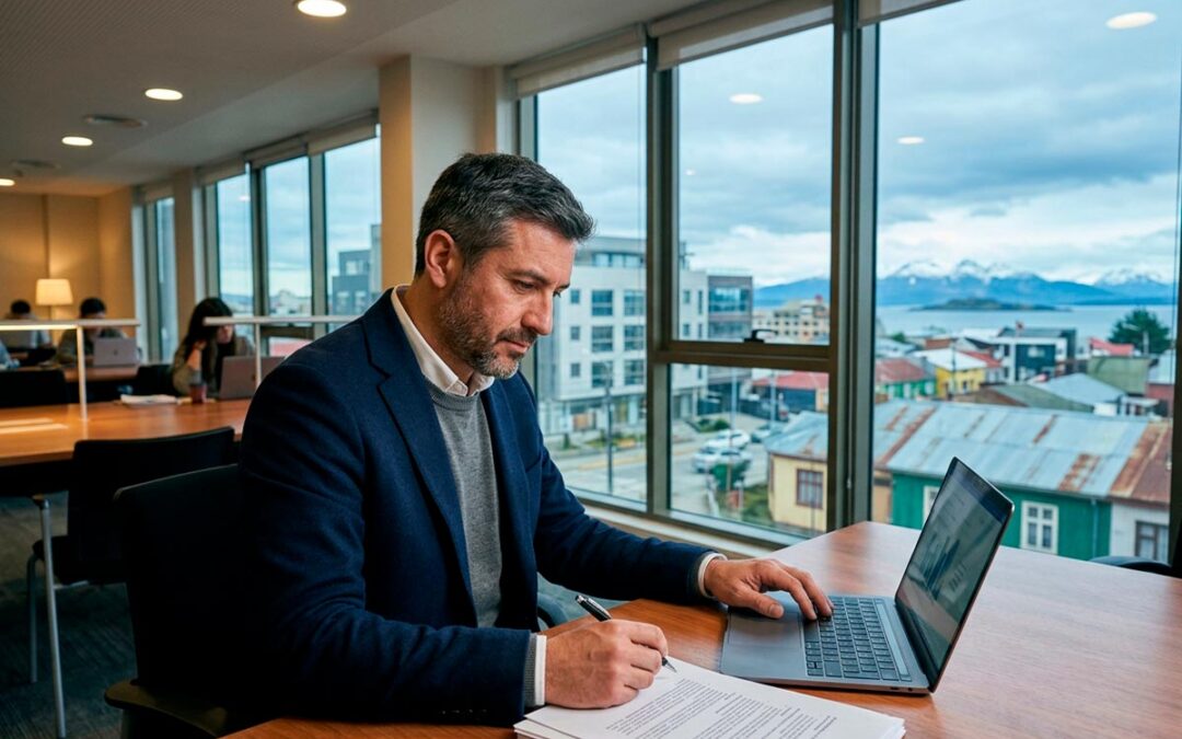 Profesional de Magallanes revisando material de estudio en un entorno de trabajo, representando la formación de gestión del MBA PUCV.