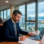 Profesional de Magallanes revisando material de estudio en un entorno de trabajo, representando la formación de gestión del MBA PUCV.
