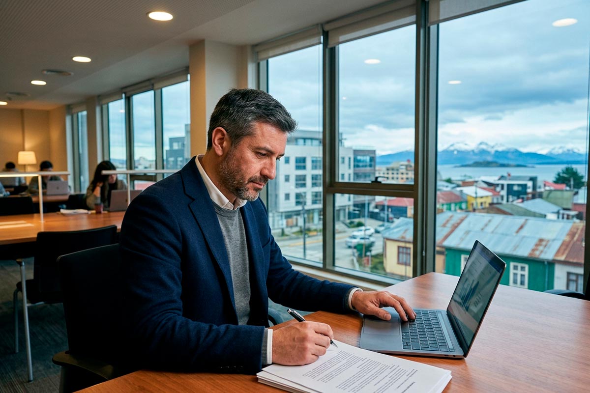 Profesional de Magallanes revisando material de estudio en un entorno de trabajo, representando la formación de gestión del MBA PUCV.