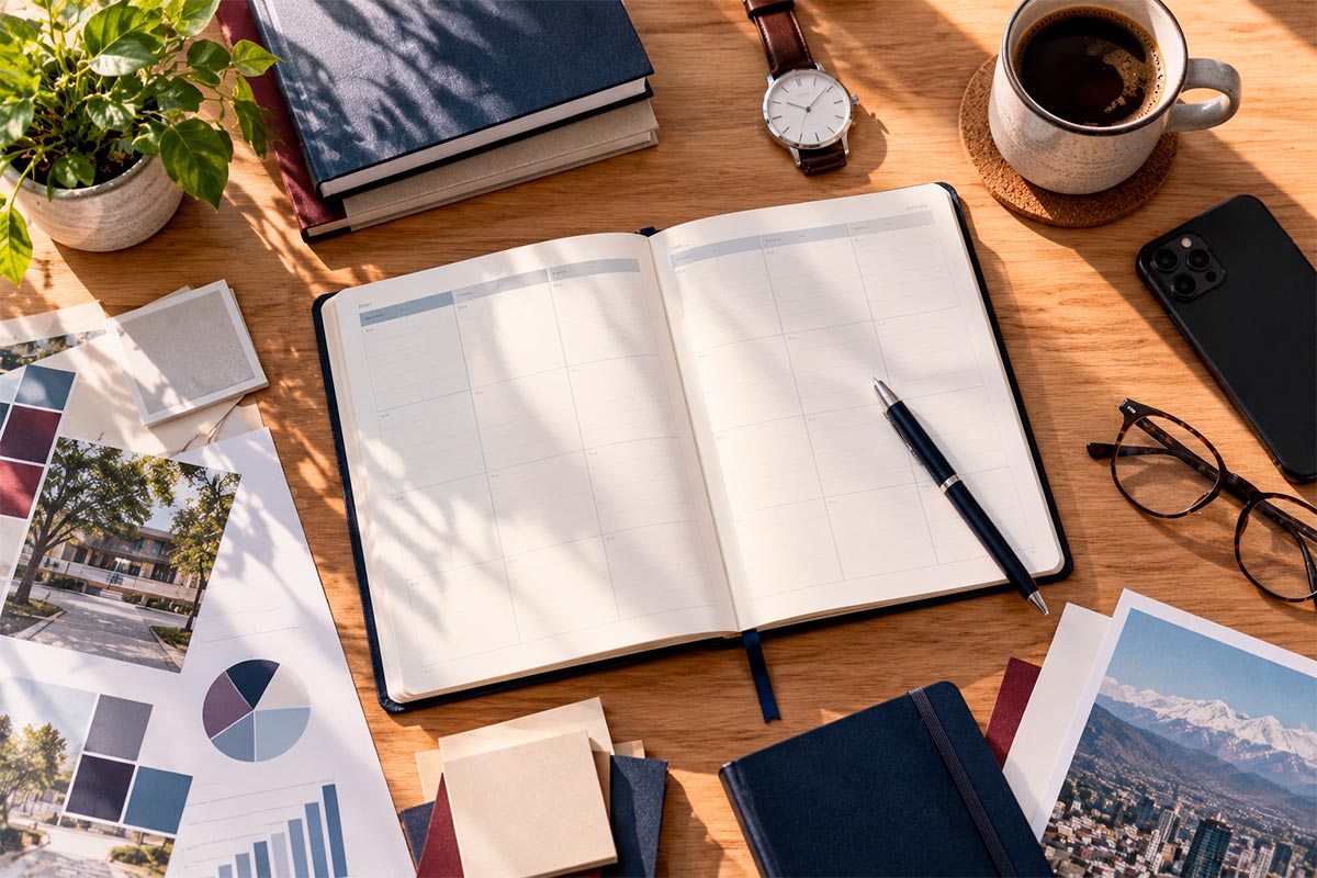 Agenda, reloj y cuaderno organizados para representar la planificación del tiempo antes de comenzar un MBA.